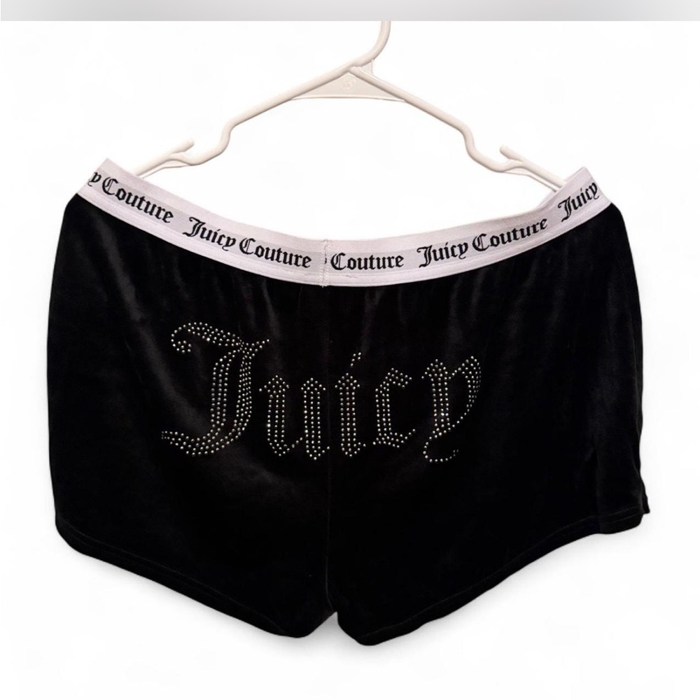 Juicy Couture Black Sleep Shorts with White Waistband and Classic Rhinestone L